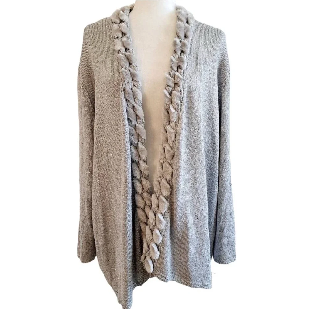 Alfred Dunner Sequin and Fur Trimmed Cardigan - Picture 1 of 5